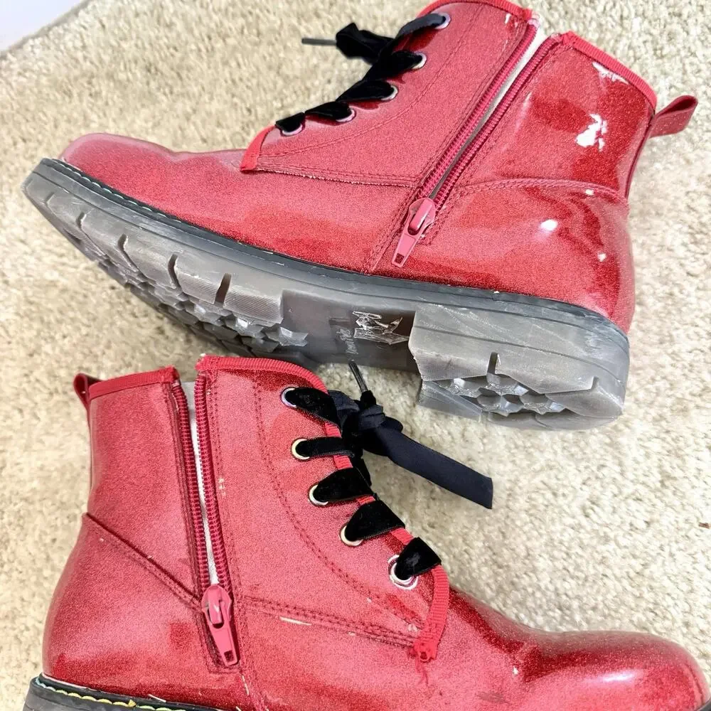 Dream Pairs Girls Size 6 Red Glitter Combat Boots Velvet Laces Side Zip Sparkle